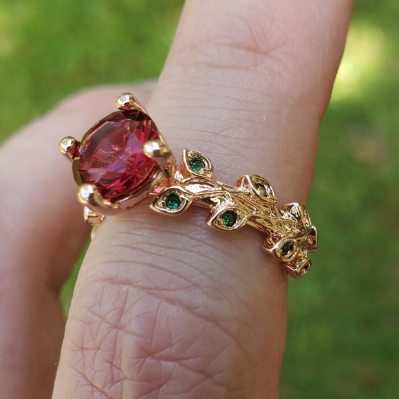 Grand Romantic Gesture Red Ruby Rose Emerald Green Leaf Gemstone 925 Golden Ring - Picture 13 of 16